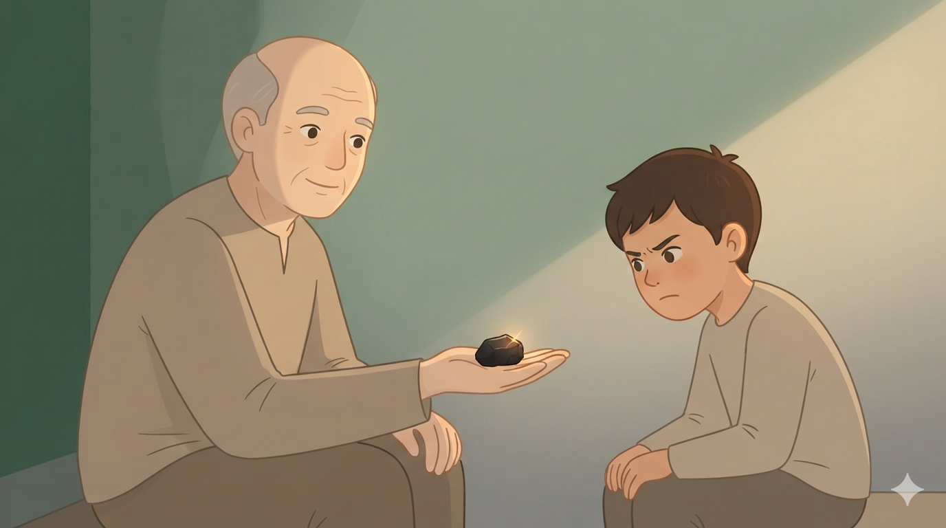 An older mentor holds out a lump of coal on an open palm while a tense young student looks at it.