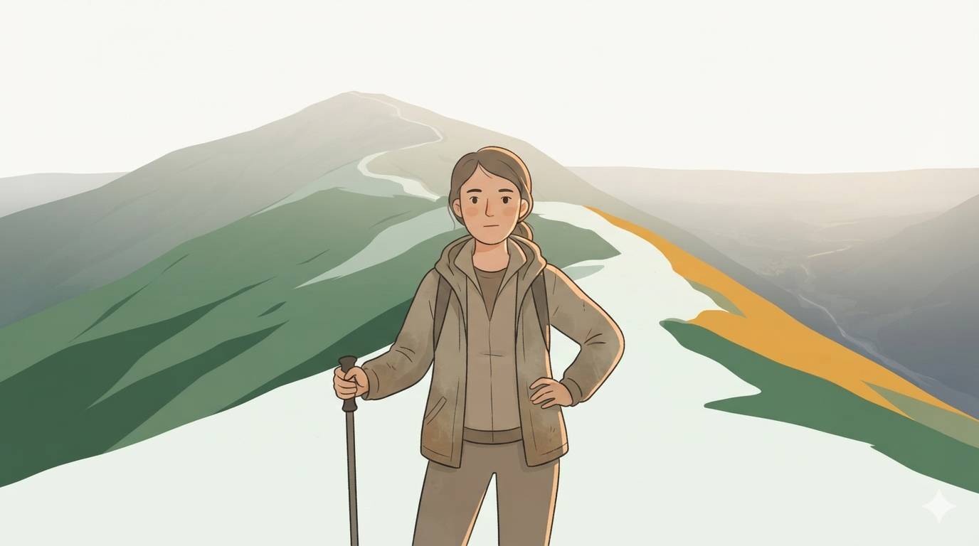 A lone woman climber pauses on a bare mid-mountain path with a walking pole, summit faint ahead.
