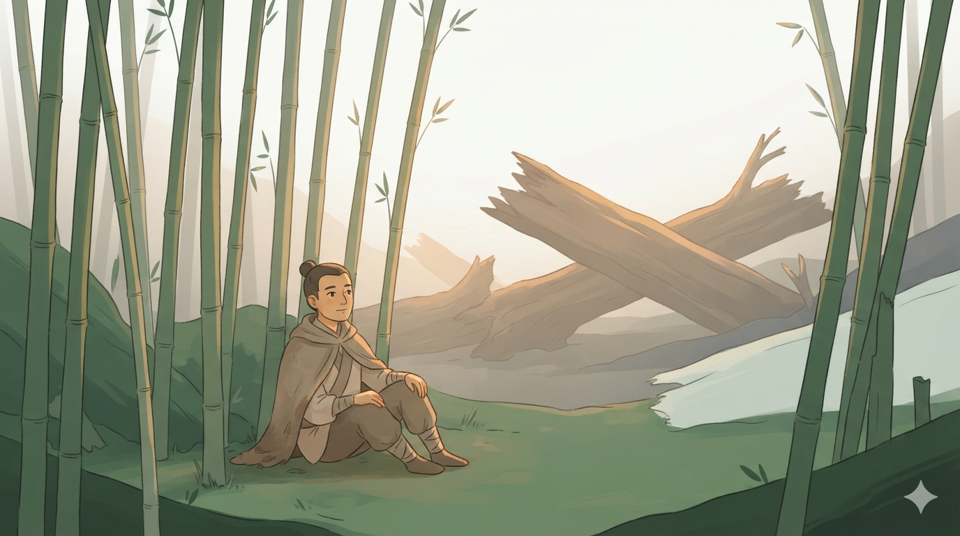 A lone traveler sits among upright bamboo, looking toward massive oak trunks fallen in the background.