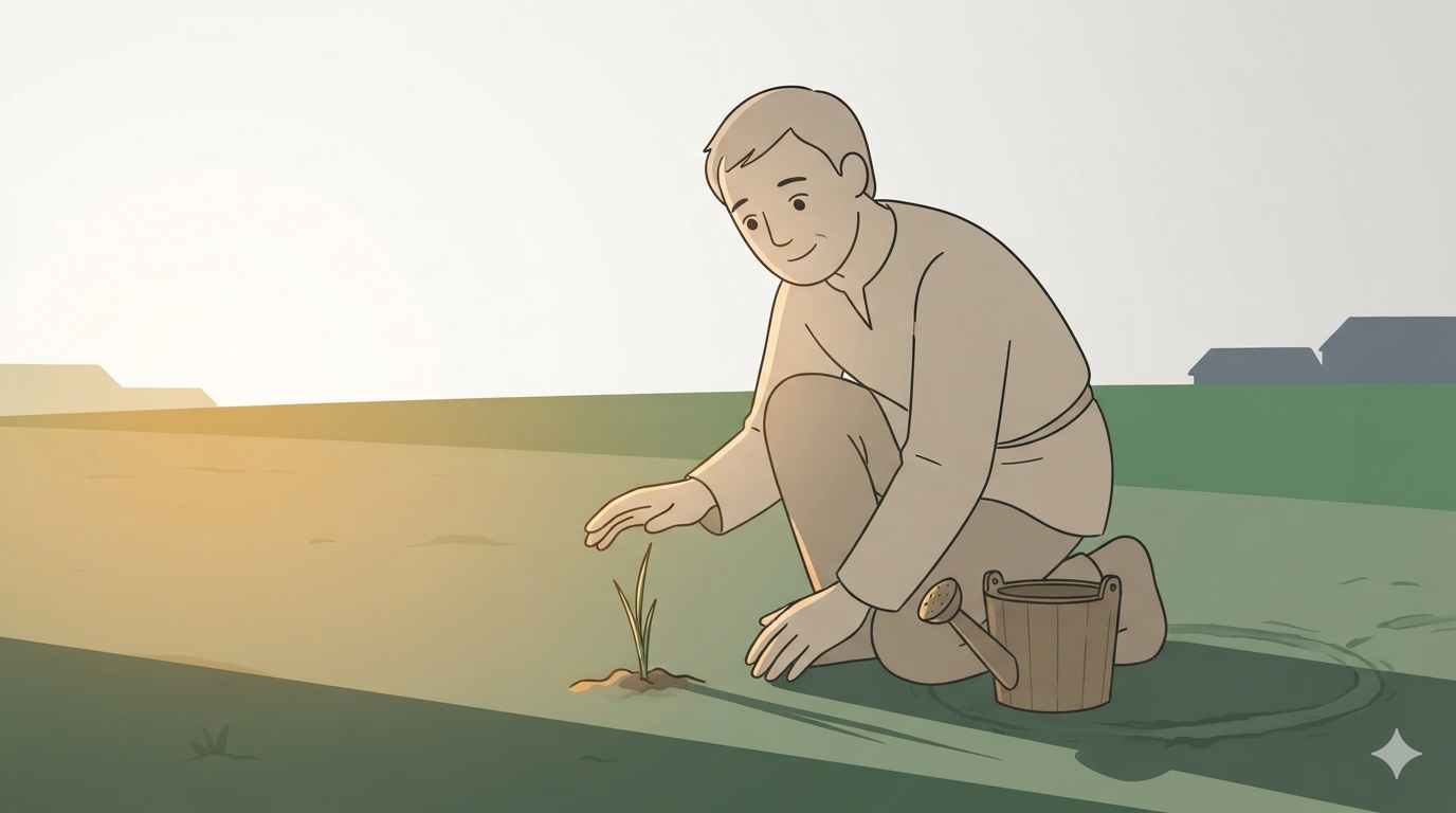 A farmer kneels smiling beside a single green shoot breaking through the soil, a watering pail set down beside him.