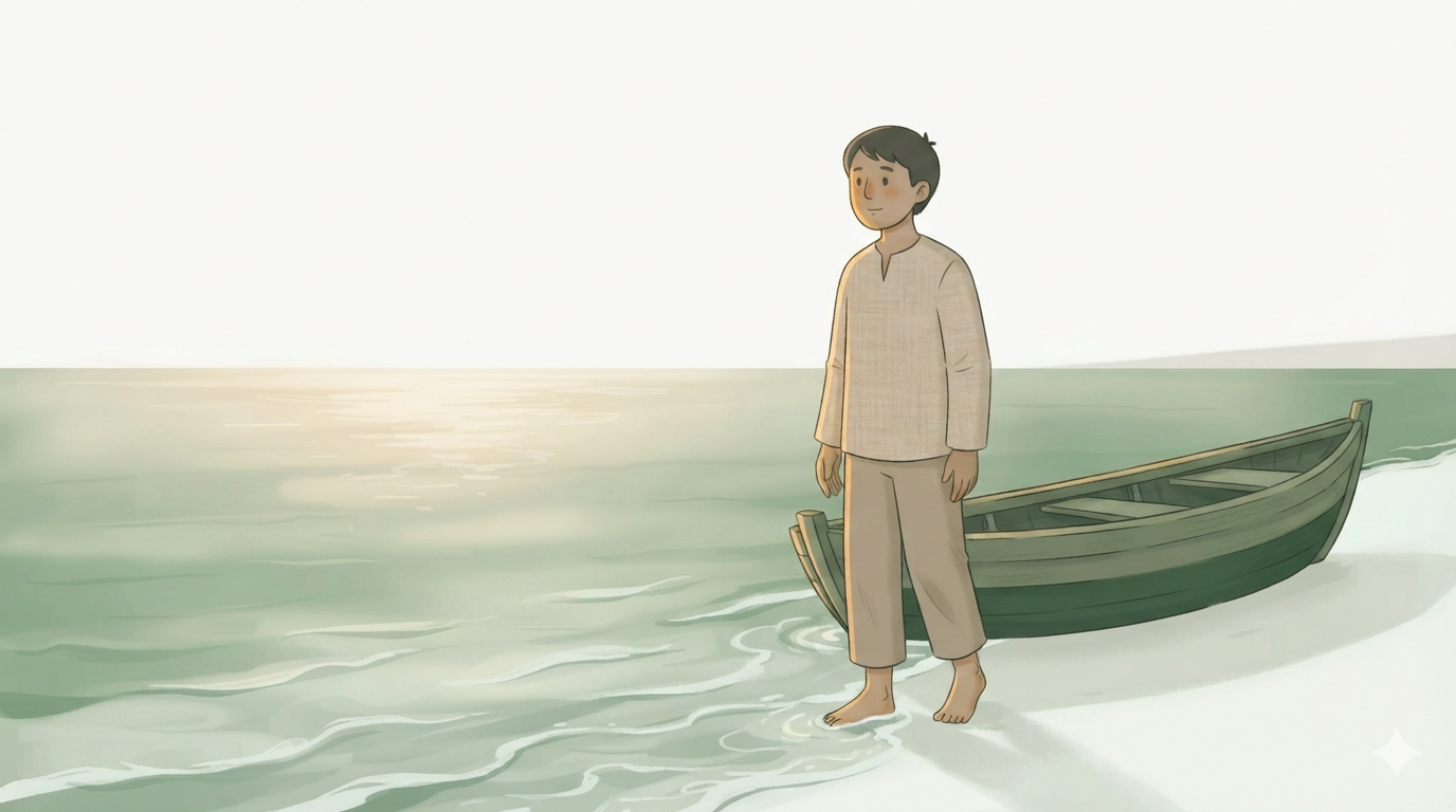 A lone man stands barefoot at the ocean's edge at dawn, gazing at the horizon, a small boat on the sand behind him.