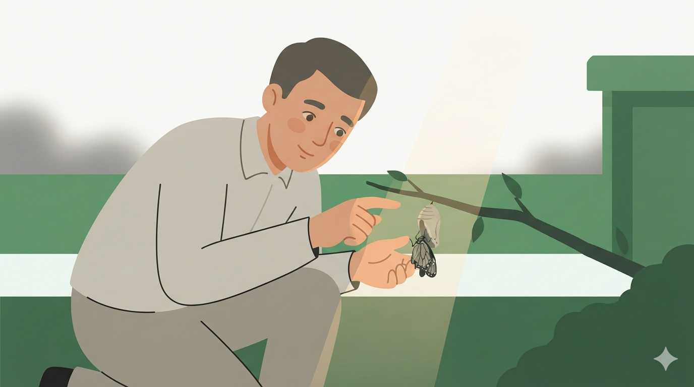 A man helps a butterfly emerge from its cocoon on a branch, his face gentle and caring.