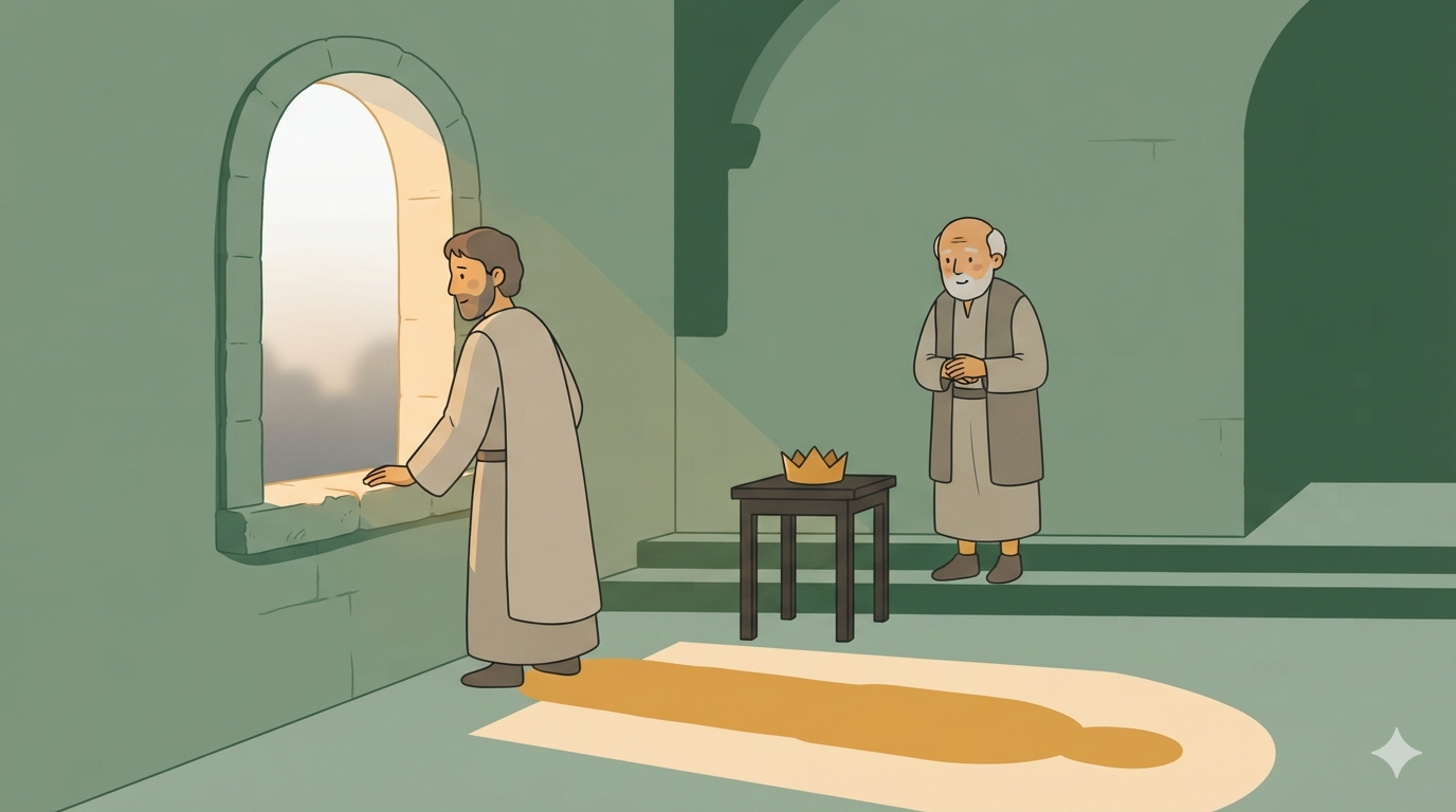 A king stands looking out a tall window in a stone hall while an elderly advisor waits silently a few steps behind him.