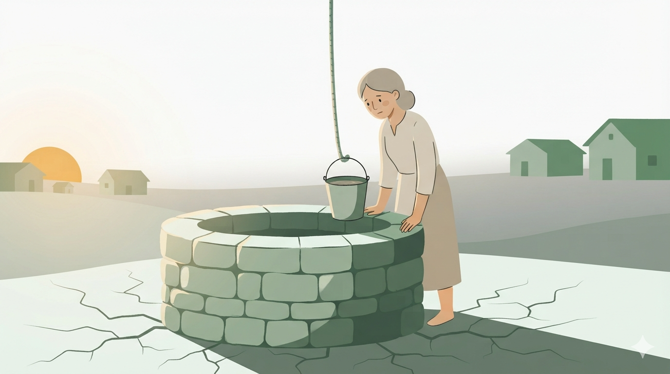 A woman draws water from a village well, surrounded by cracked, dry ground.