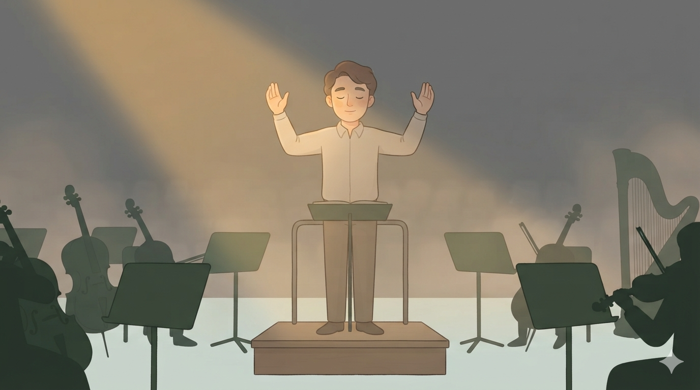 A conductor stands alone on a podium, arms raised and eyes closed, amid empty music stands.