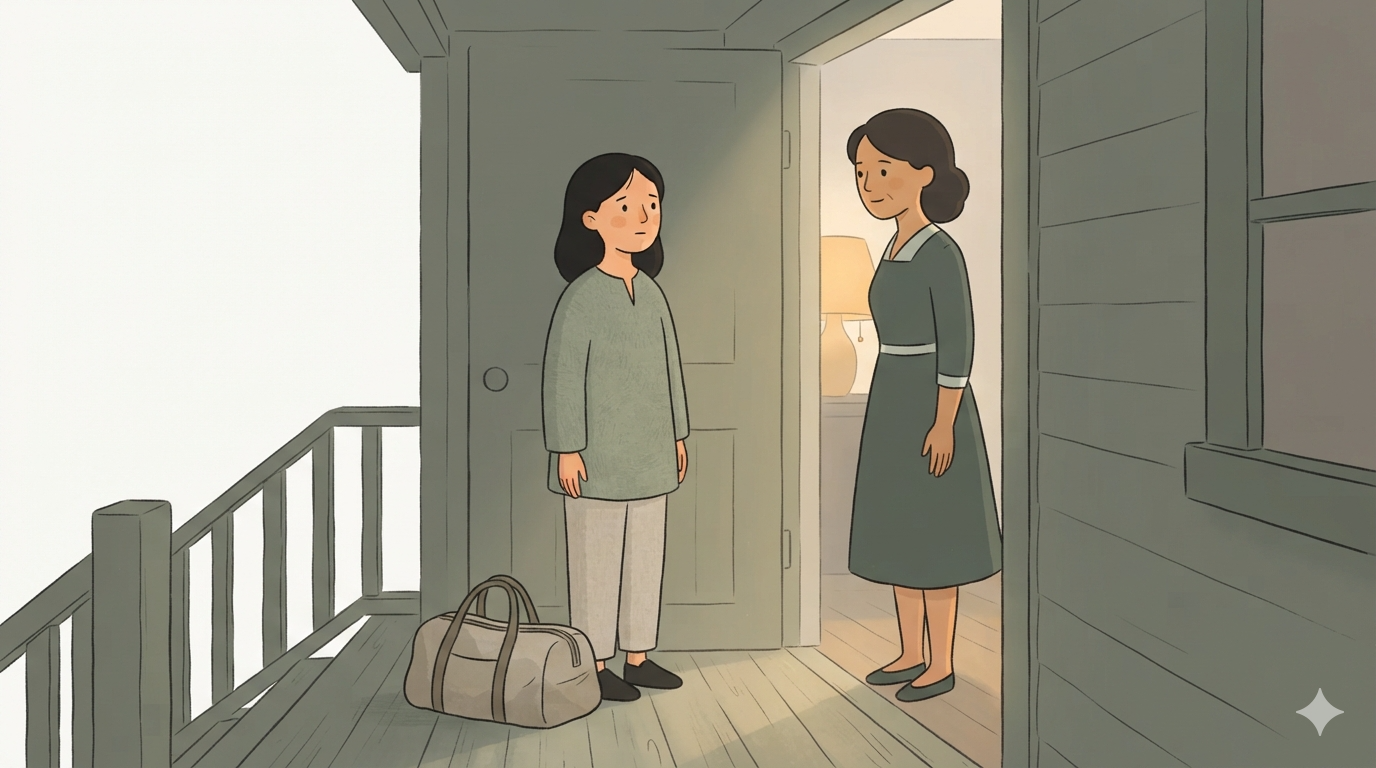 A grown daughter with a travel bag stands in an open doorway at dusk, meeting her mother's gaze across the threshold.