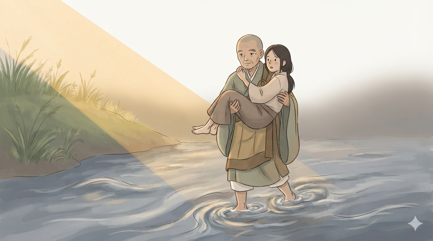 An older monk carries a young woman across a fast river toward a sunlit bank.