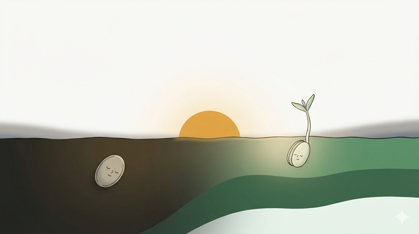 A small closed seed lies in the soil on the left, a just-sprouted shoot with a couple of leaves on the right against a sunrise.