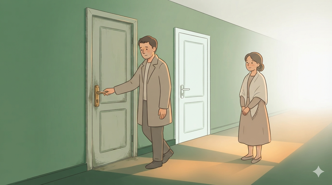 A man holds the handle of a worn door, a woman waits patiently behind him in the corridor.