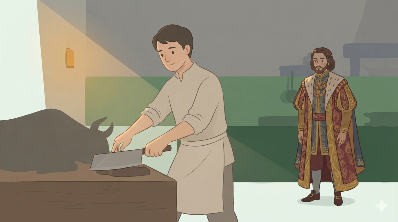 A poised cook guides a blade with ease at a block while a richly dressed prince watches in wonder.