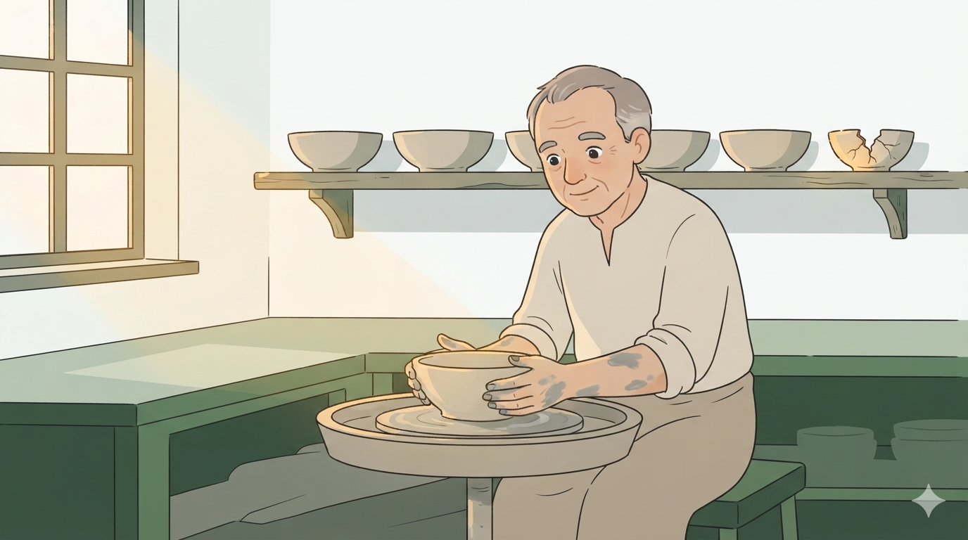 A potter works at a wheel; on a shelf behind him a single cracked bowl stands apart from the others.