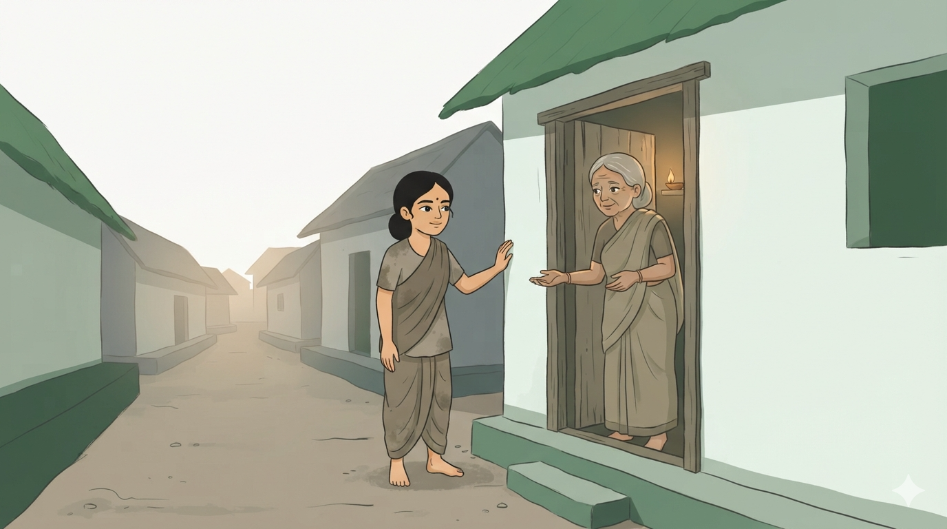 A woman stands at a village doorway at dusk while an older woman in the doorway holds out an empty open palm.