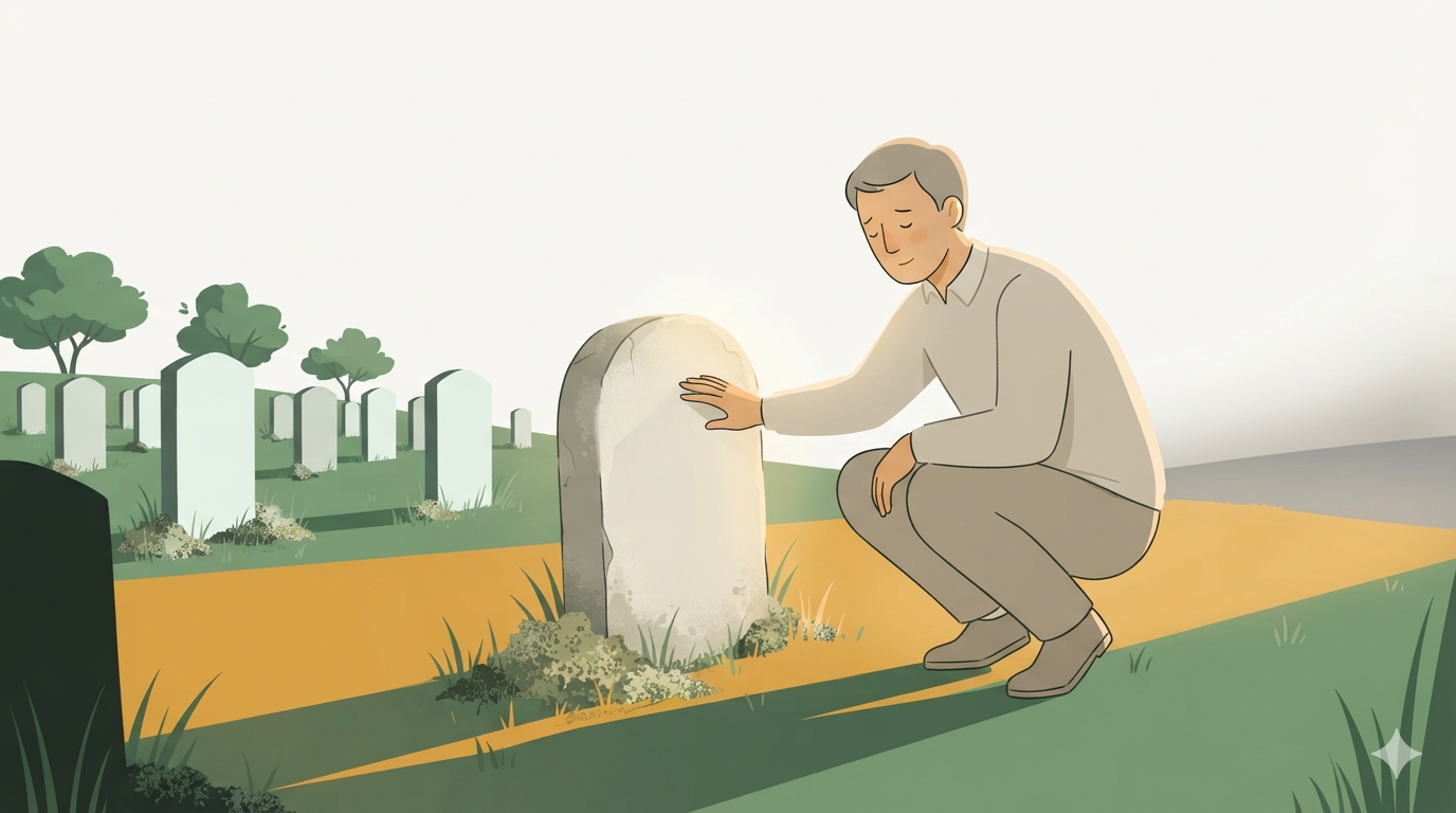 A man crouches touching the smooth blank surface of an old headstone in a cemetery, with newer carved stones behind him.