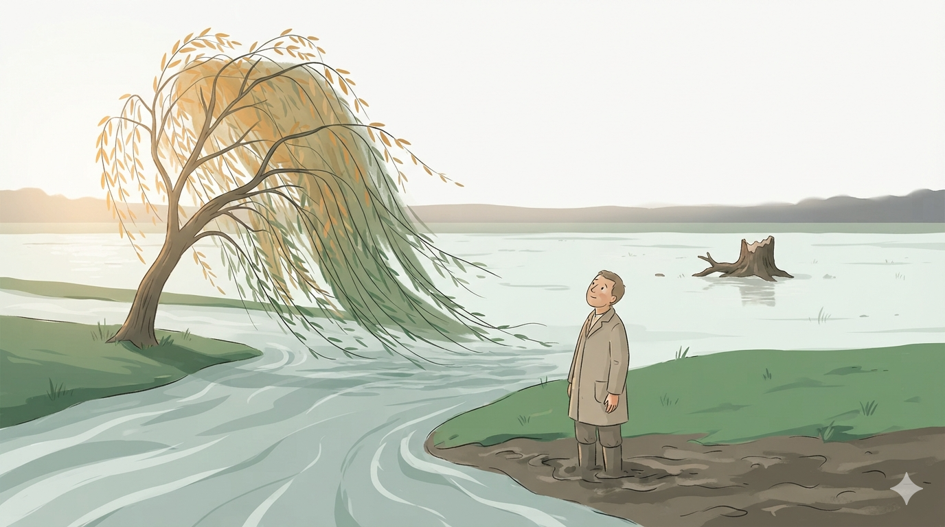 A willow stands at a swollen river, its branches trailing in the water, a farmer stands ankle-deep in mud looking up at it.