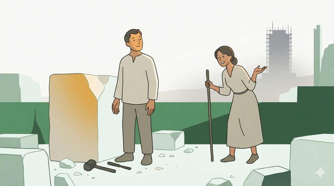 A stonecutter stands with empty hands, his chisel on the ground, a curious female traveler with a staff leans in beside him.
