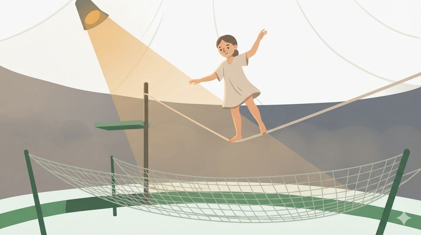 A tightrope walker balances on the rope, a safety net stretched below.