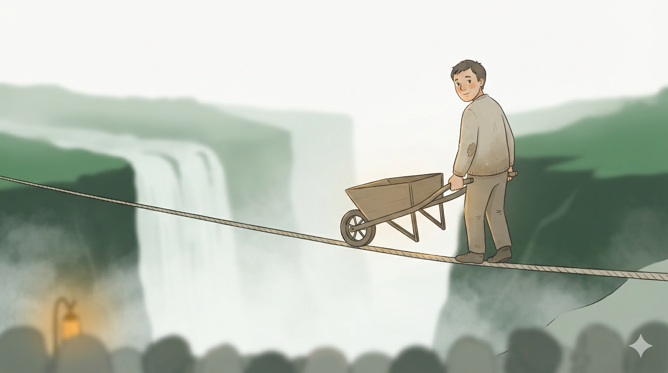 A tightrope walker pushes an empty wheelbarrow across a rope over Niagara Falls, the crowd blurred far below.