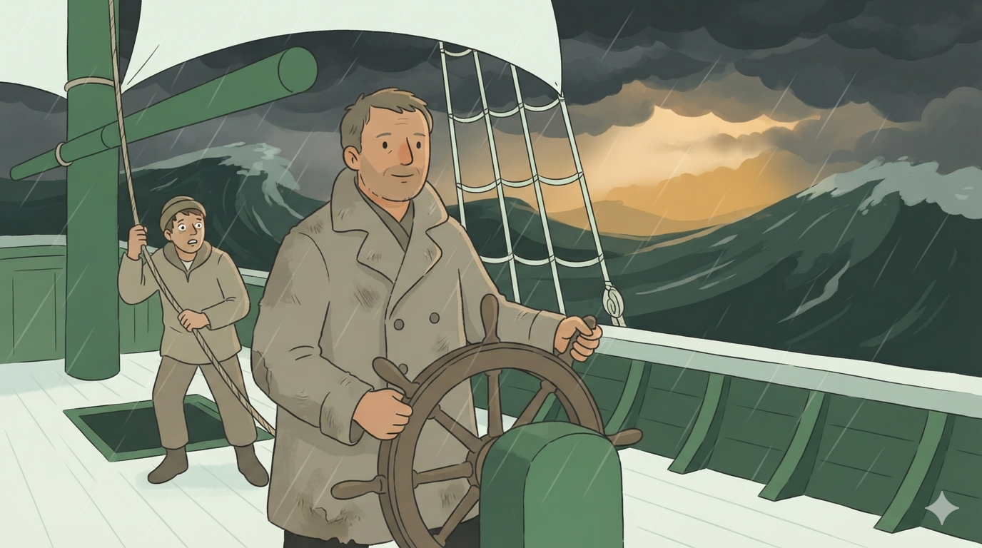 A captain calmly holds the helm in a storm, a frightened sailor clutches a rope behind him.