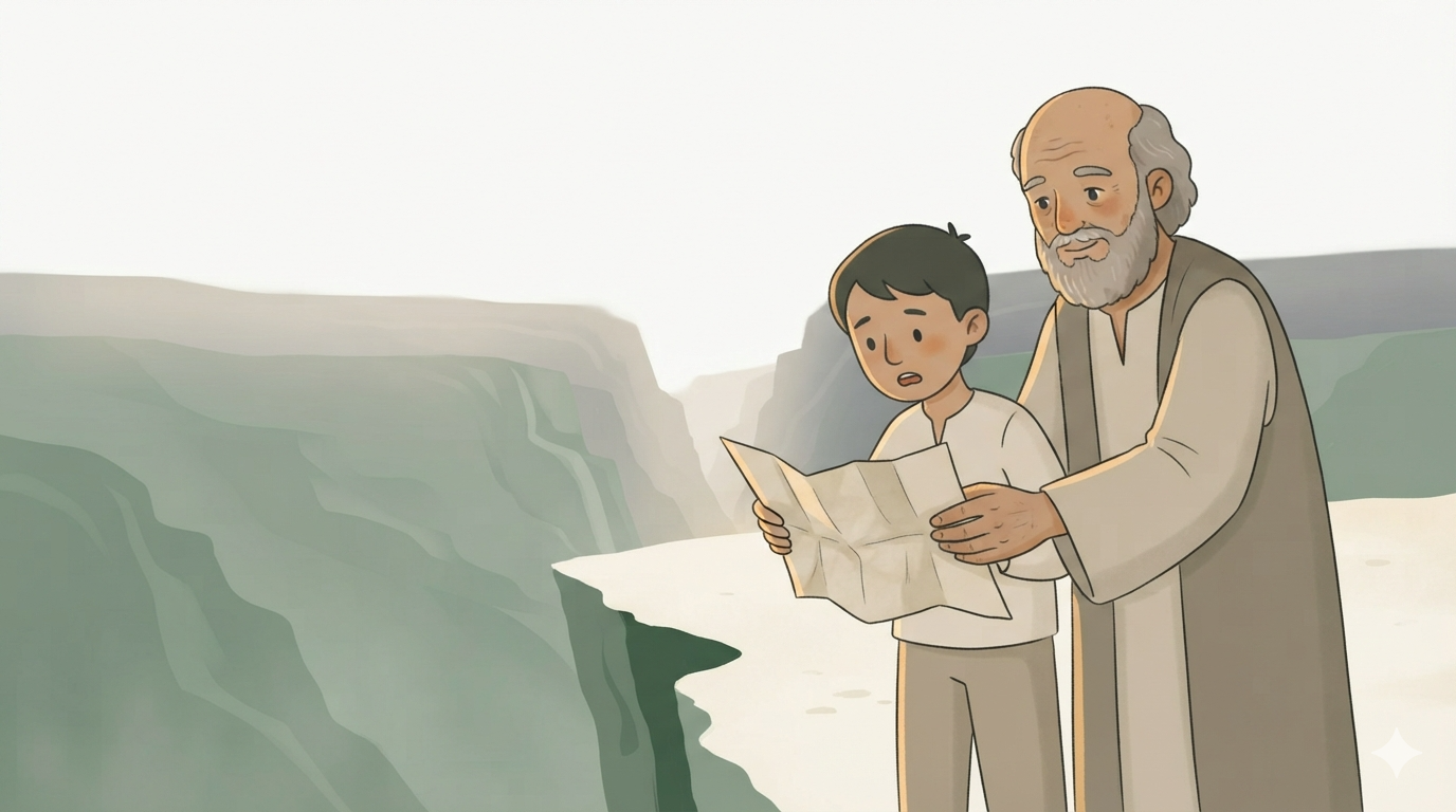 An old guide stands with a young explorer at a cliff edge where the trail ends, lowering his unfolded map.