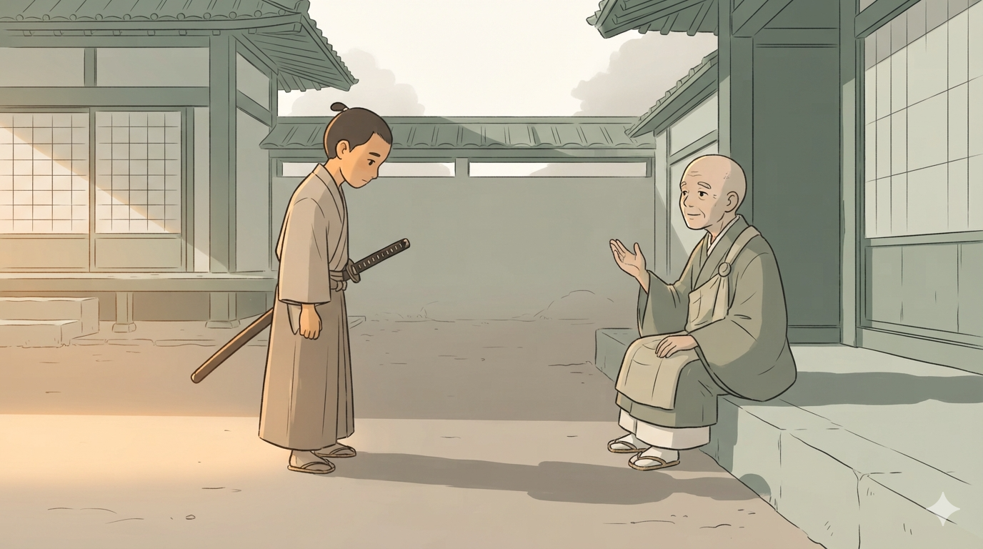 A young samurai bows his head, sword sheathed, before a seated old monk speaking calmly.
