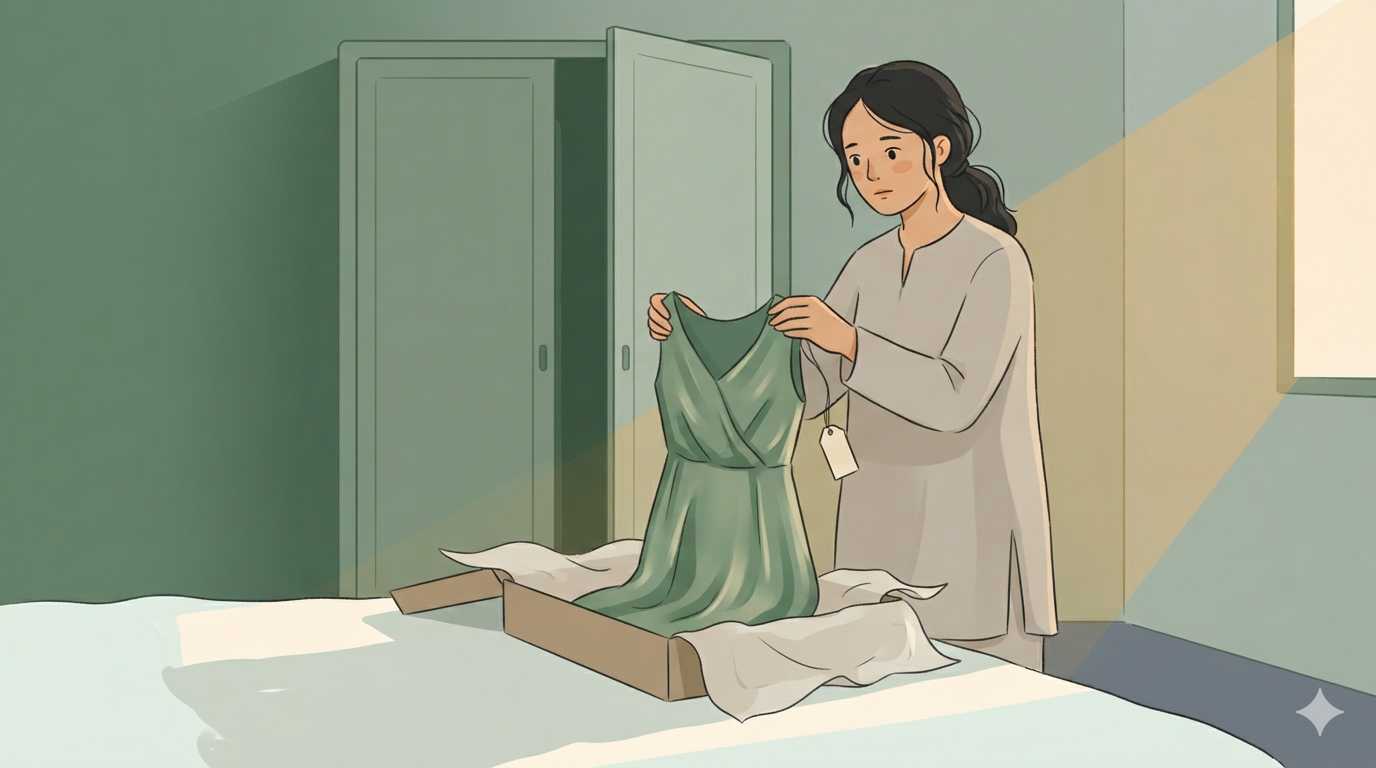 A woman holds a dress just lifted from a box of tissue paper, a tag hanging from it on a thread.