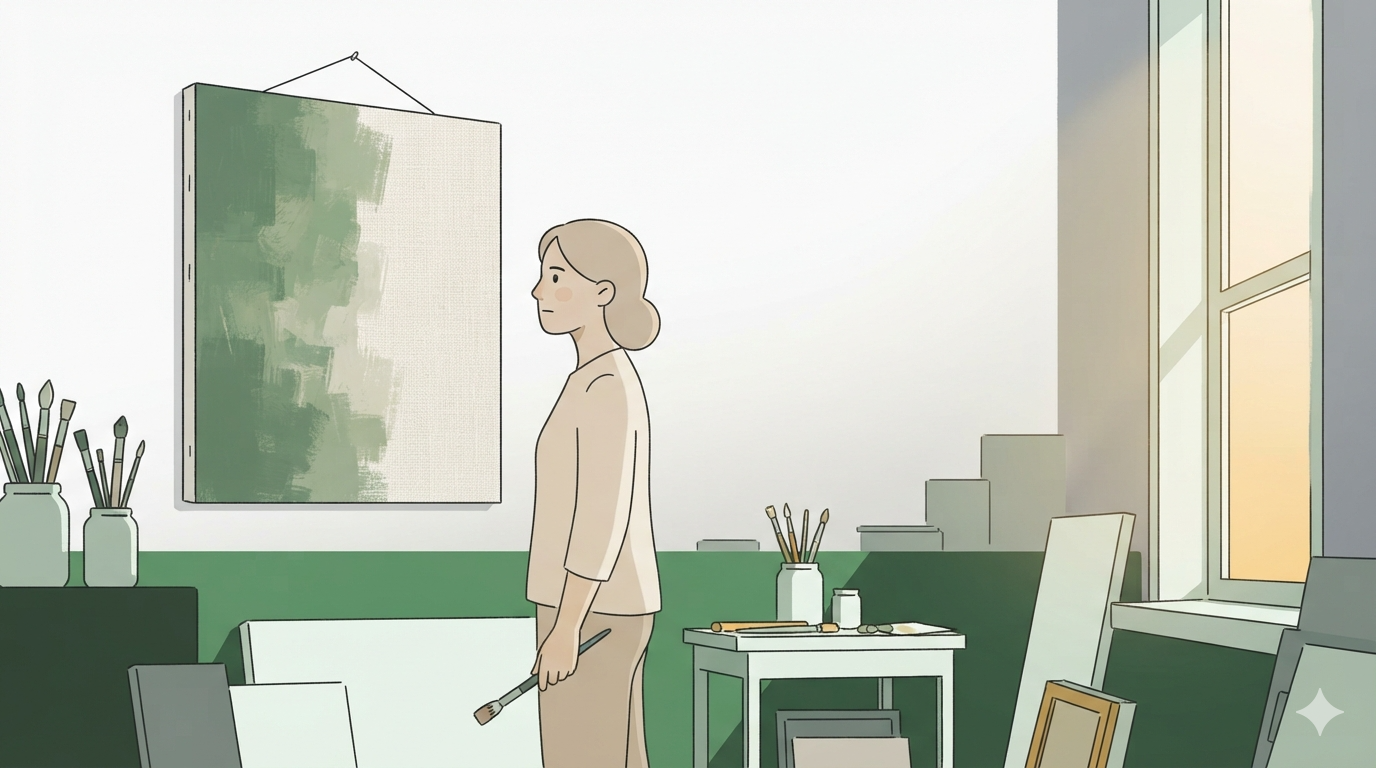 A painter holds a brush at her side, looking at a half-finished canvas in her studio.
