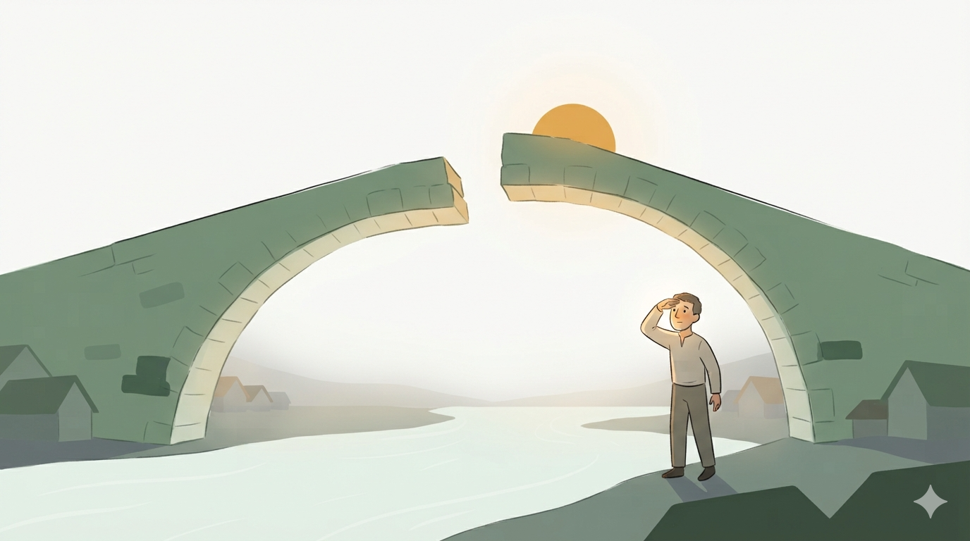 Two bridge arches almost meet over a river, leaving a narrow gap; a man looks toward the other side.