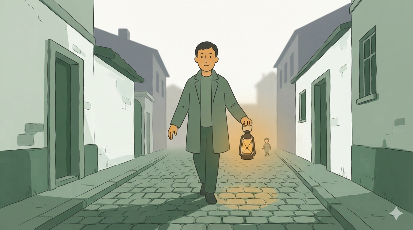 A man carries a lit lantern at his hip down a dark street, a small figure walks behind him in its light.