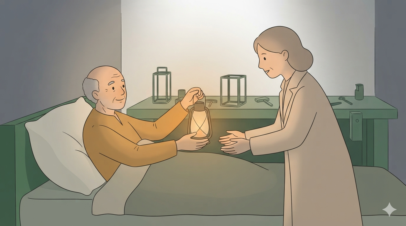 A dying lantern maker holds out a lit lantern to a woman standing at his bedside.