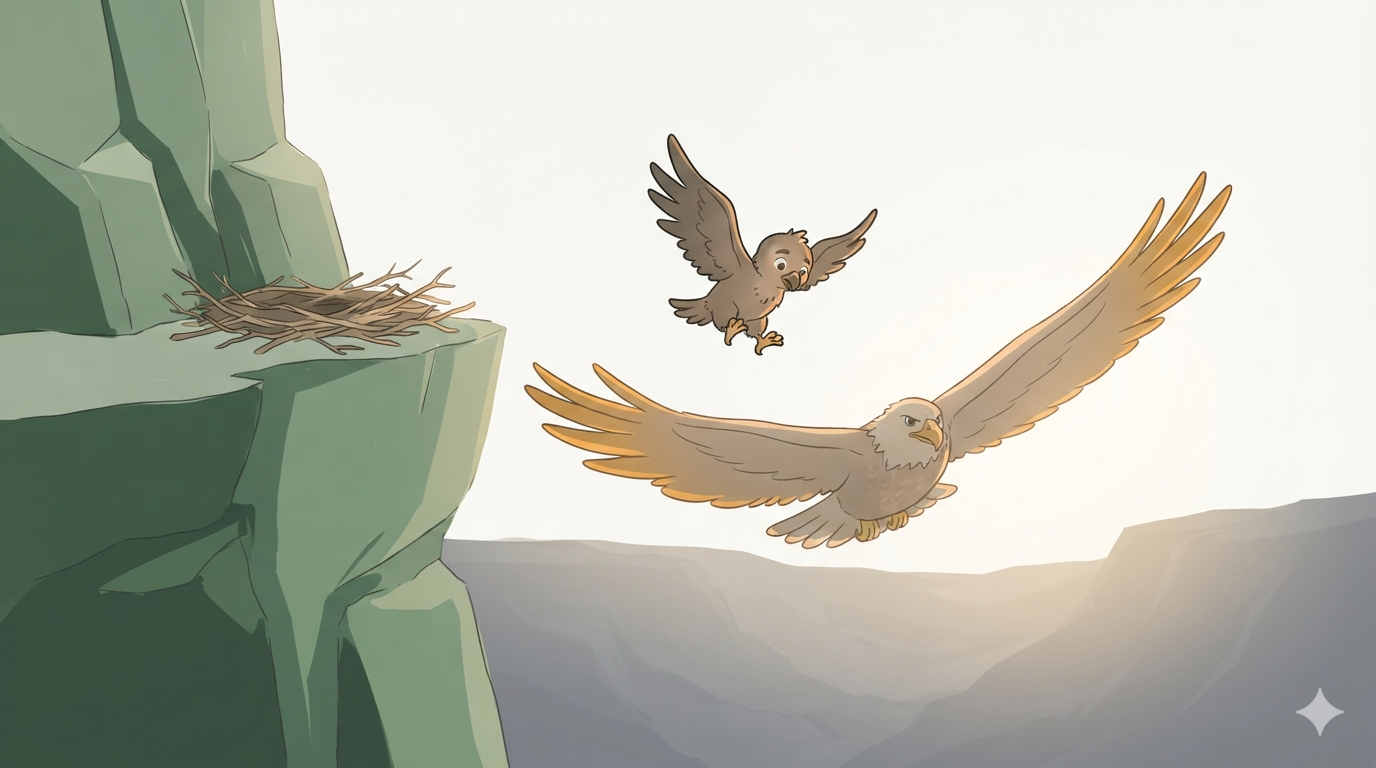 An eaglet falls through the air, the mother eagle flies below to catch it, a nest on the cliff.