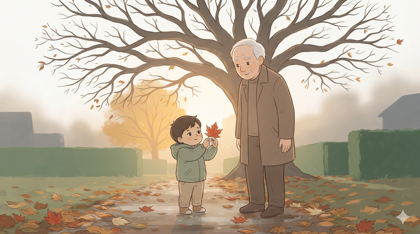 An elderly man and a child stand on a path under a tree; the child holds up a single red leaf.
