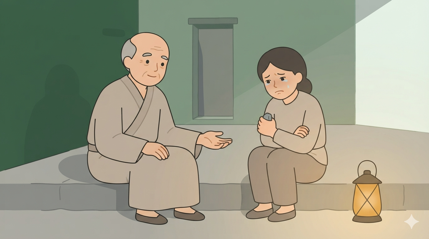 A grieving woman clenches a stone in her fist with tears in her eyes, a sage beside her offers an open hand.
