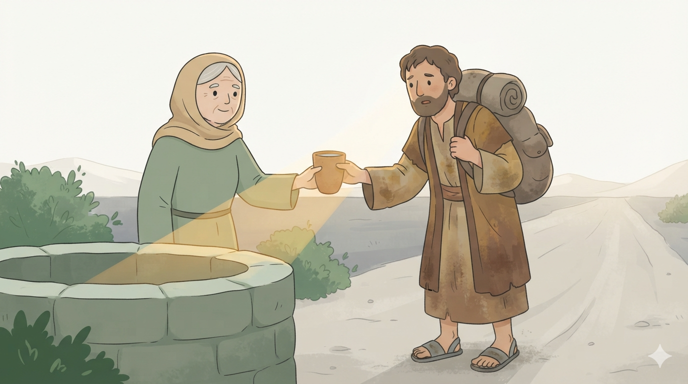 An old woman by a well offers a clay cup of water to a dusty pilgrim on the road.