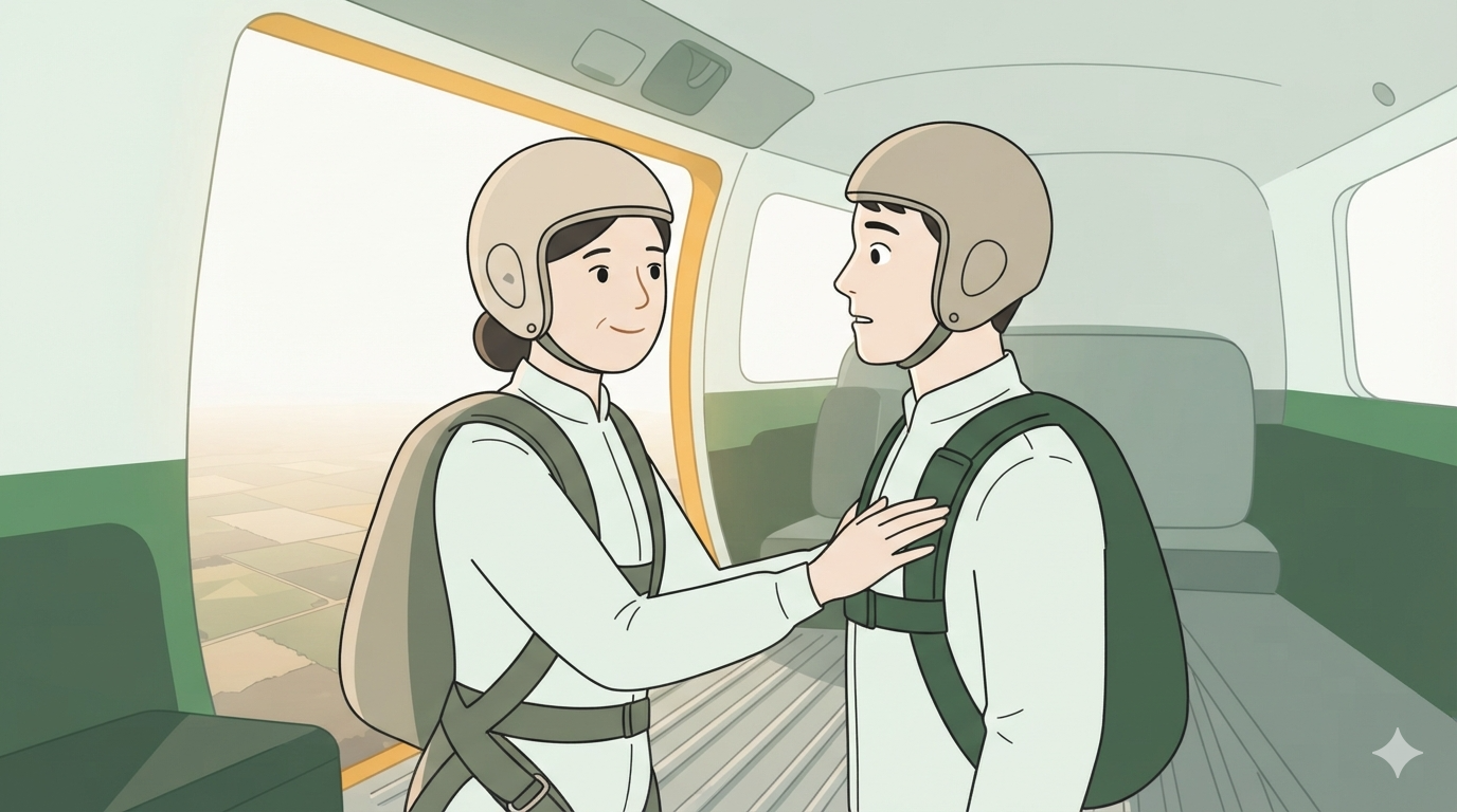 An instructor checks a student's gear before a skydive, inside the plane.