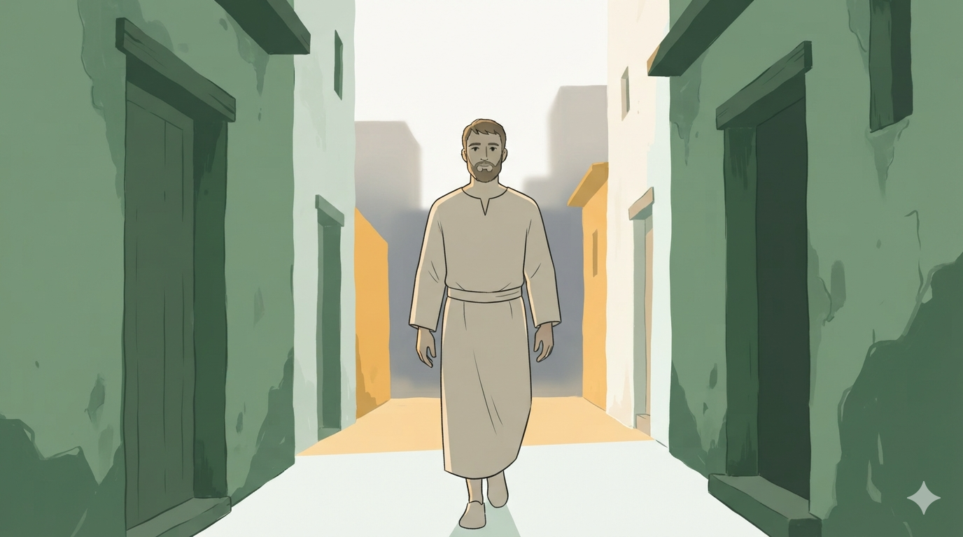 A king in simple clothes walks alone down a poor street between modest houses.