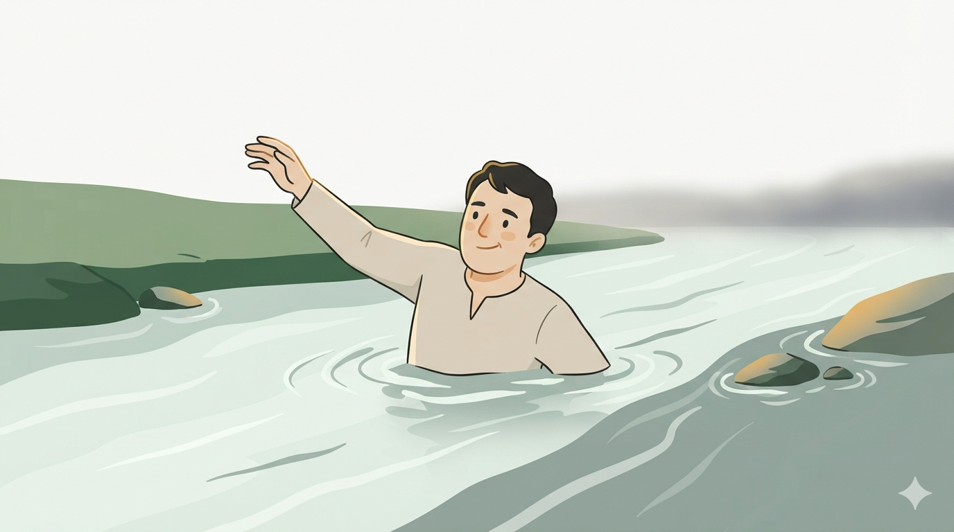 A man wades through a fast river, chest-deep, one arm raised for balance.