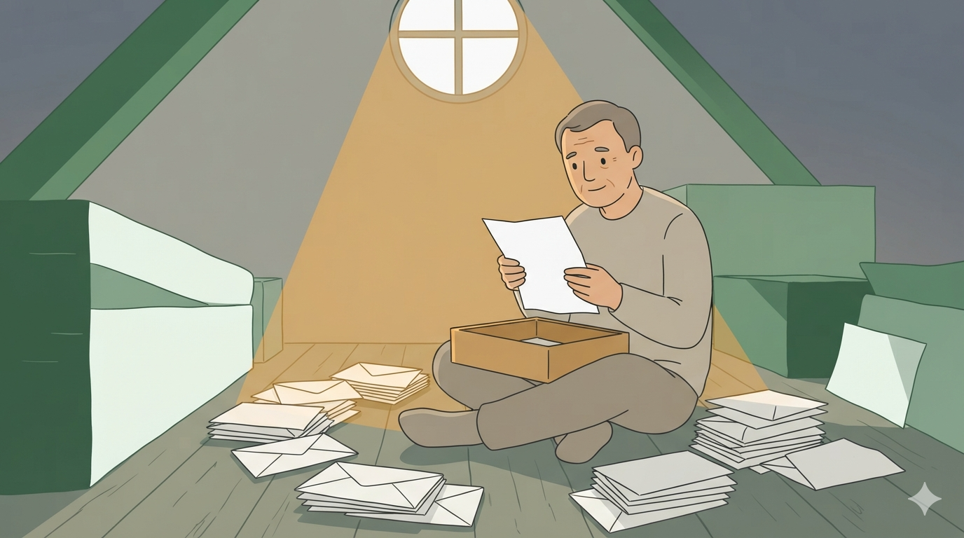 A man sits on an attic floor with a box in his lap and a sheet of paper in his hands, surrounded by stacks of blank envelopes.