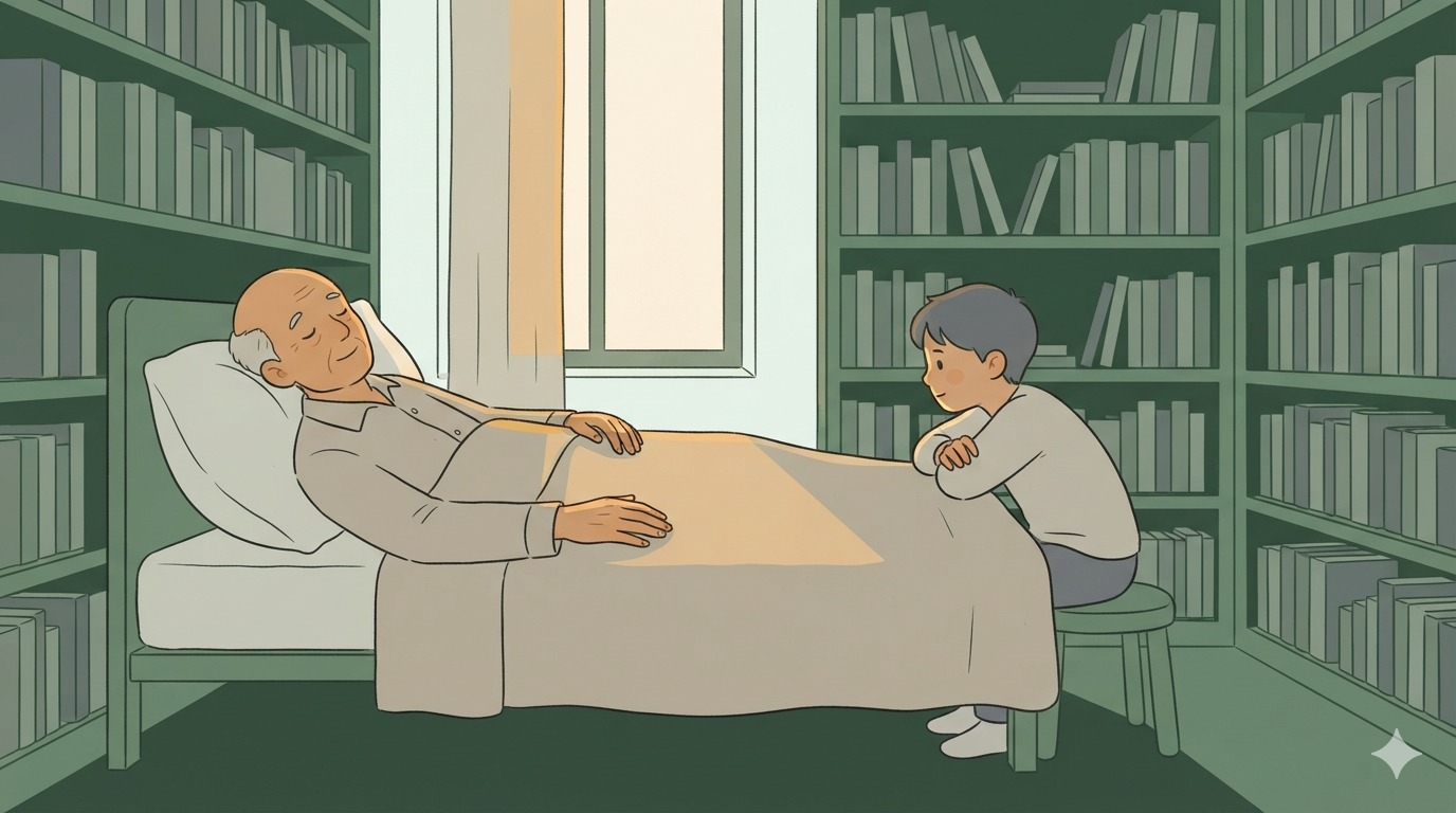 An elderly professor lies in bed with his eyes closed, a student sits nearby on a stool among bookshelves.