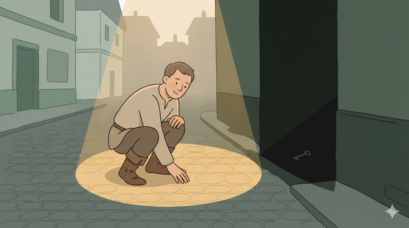 A man searches by feel in a circle of lamplight, while the key actually lies in the dark alley nearby.