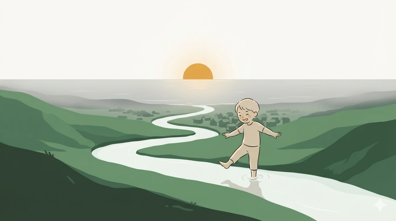 A river winds through a green valley past a village to the ocean, a child plays in the shallows.
