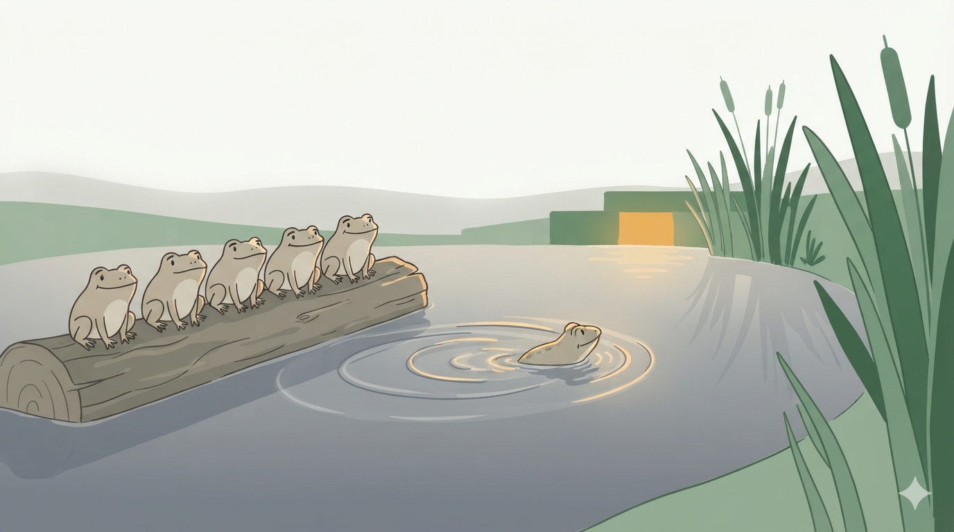 Five frogs sit on a log, a sixth is already swimming in the pond.