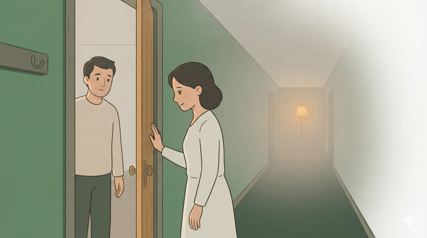 A woman stands in a doorway looking down an empty hallway; a man stands a few steps behind her.