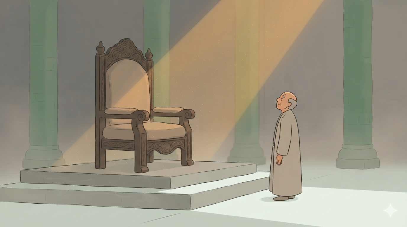An empty throne on a stone dais with one elderly minister standing at the foot of the steps looking up at it.