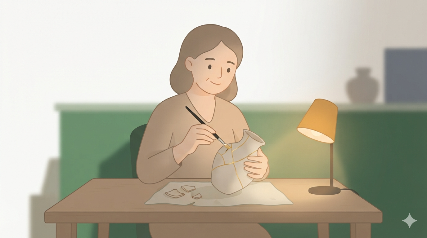 A woman at a wooden table joins pieces of a ceramic vase with gold seams, holding a thin brush.
