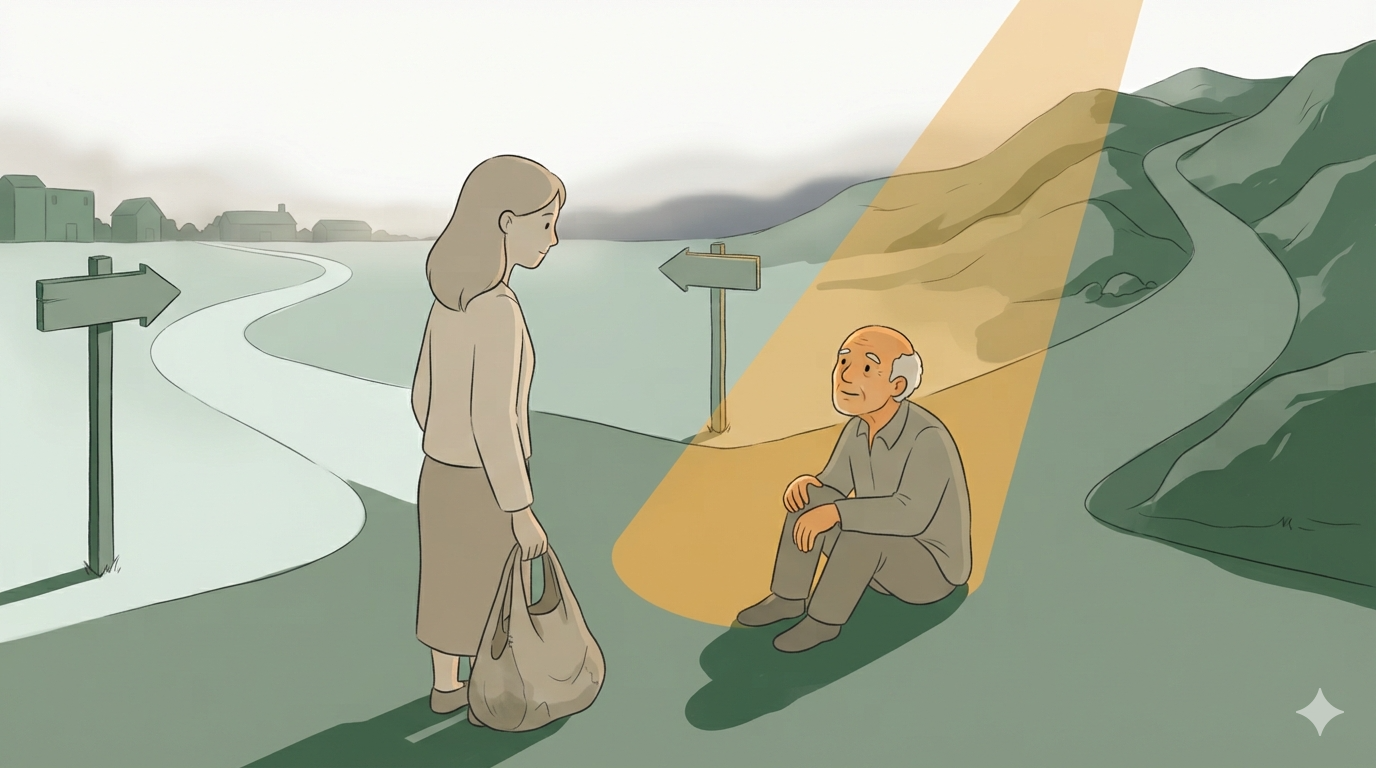 A young woman traveler stands before a seated old man at a fork in the road with signposts.