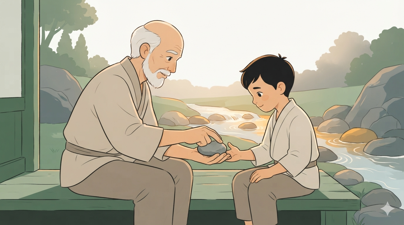 An old master presses a smooth river stone into a young student's open palm on a porch by a stream.