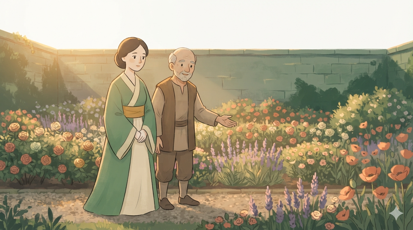 A queen stands beside her gardener in a flourishing garden as he gestures toward the soil, explaining.