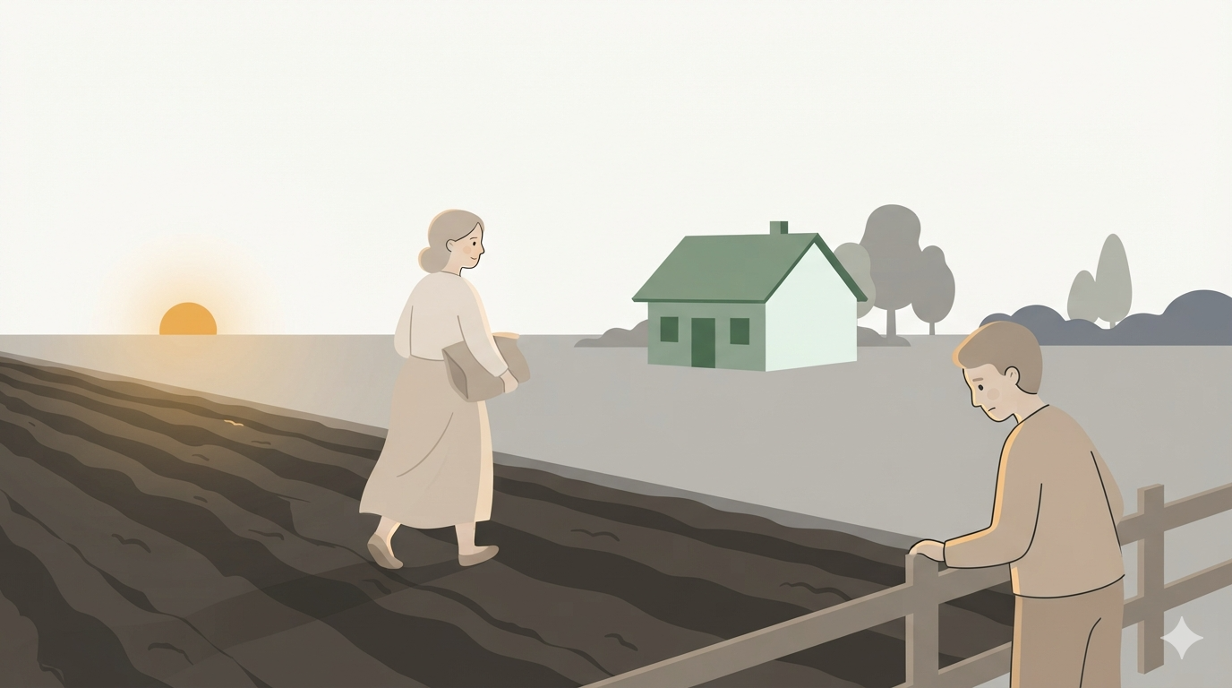 A farmer walks away from a planted field, a neighbor at the fence looking at the soil behind her.