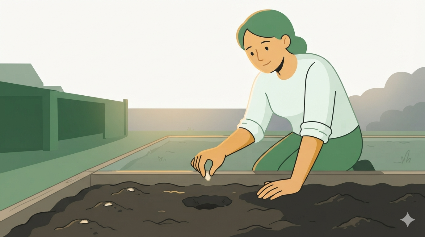 A gardener gently presses a seed into the dark soil of a garden bed.