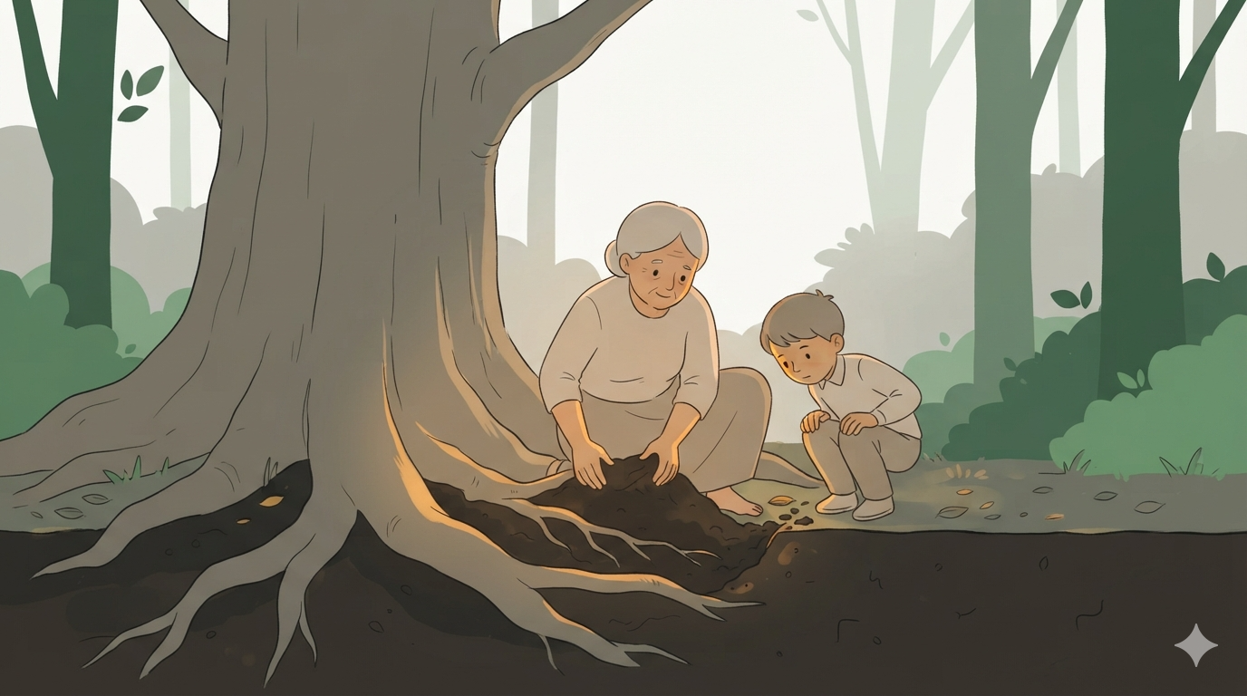 A master reveals thick roots at the base of a tree, a student watches beside her.